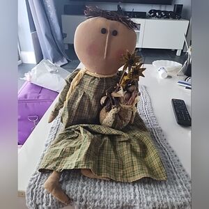 Vtg Primitive Folk Art Sitting Ramona Doll- Fall Folk Art Handmade Decor